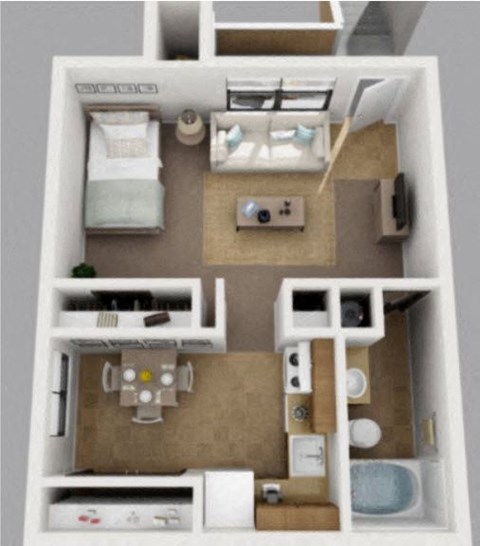 a 3d drawing of a small apartment with a bedroom and bathroom